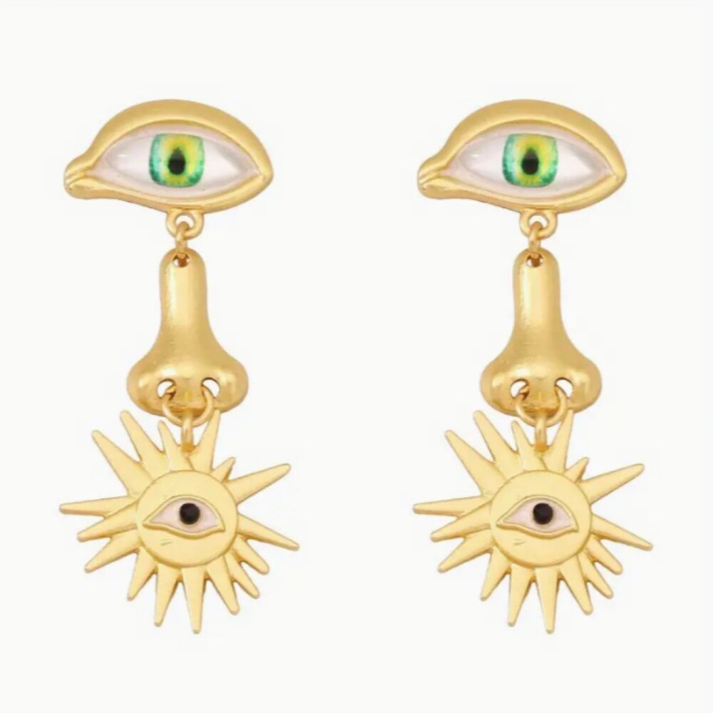 Schiaparelli Surrealist Inspired Earrings Green Eyes Nose Gold Designer …